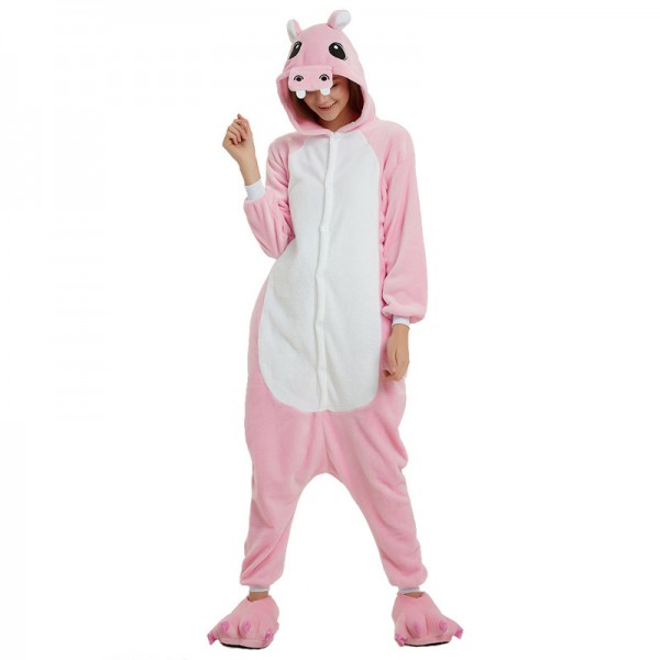 Animal Onesie Pajama Costumes Adult Pink Hippo