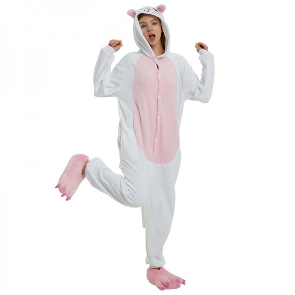 White Cat Animal Onesie Pajama Costume for Adult