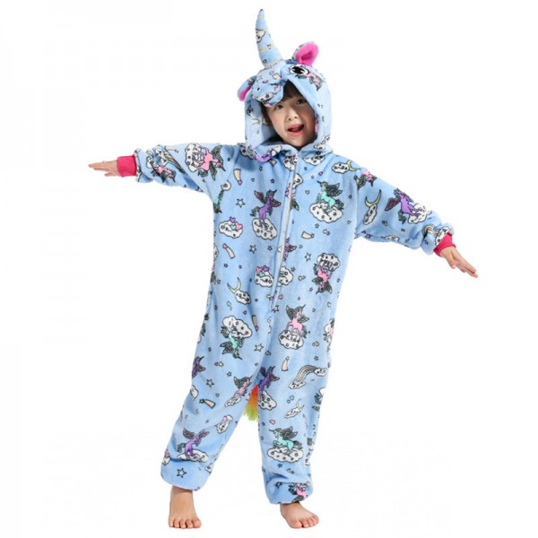 Blue Zipper Onesie Kids Sky Horse Animals Pajamas