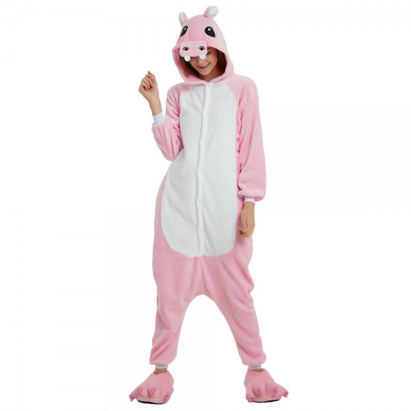 Animal Onesie Pajama Costumes Adult Pink Hippo Kigurumi